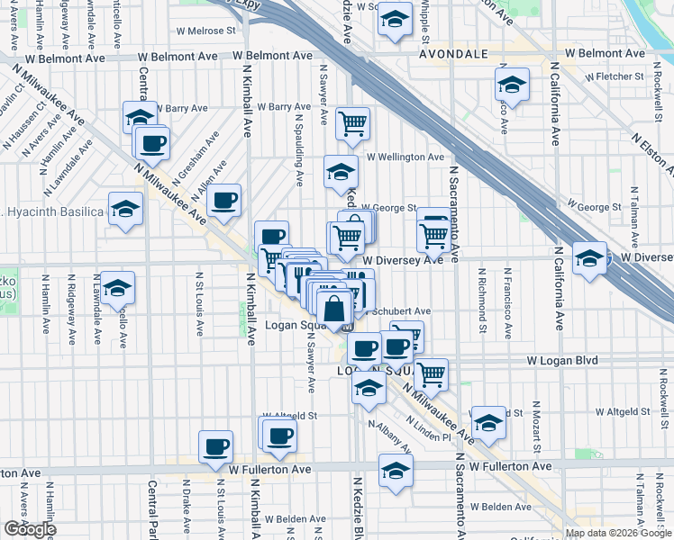 map of restaurants, bars, coffee shops, grocery stores, and more near 3213 West Diversey Avenue in Chicago