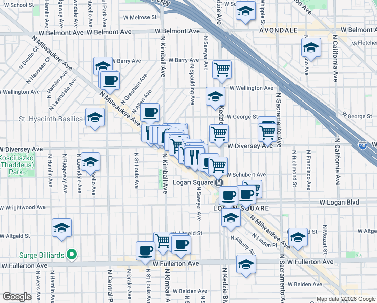 map of restaurants, bars, coffee shops, grocery stores, and more near 2746 North Milwaukee Avenue in Chicago