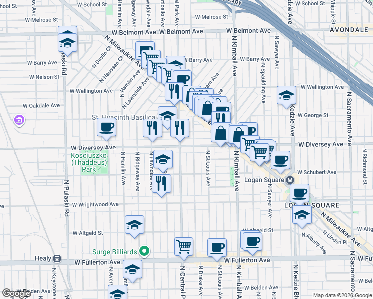 map of restaurants, bars, coffee shops, grocery stores, and more near 2729 North Central Park Avenue in Chicago