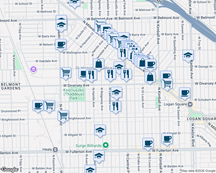 map of restaurants, bars, coffee shops, grocery stores, and more near 2730 North Lawndale Avenue in Chicago