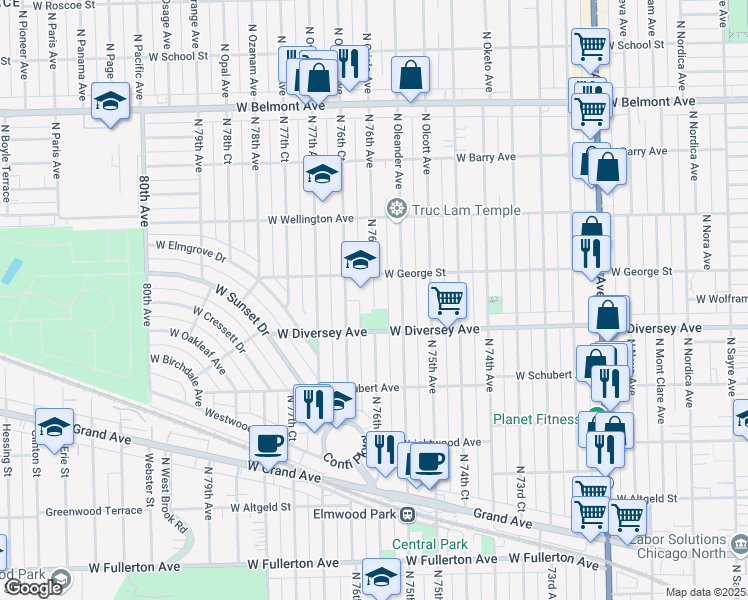 map of restaurants, bars, coffee shops, grocery stores, and more near 2824 North 76th Avenue in Elmwood Park