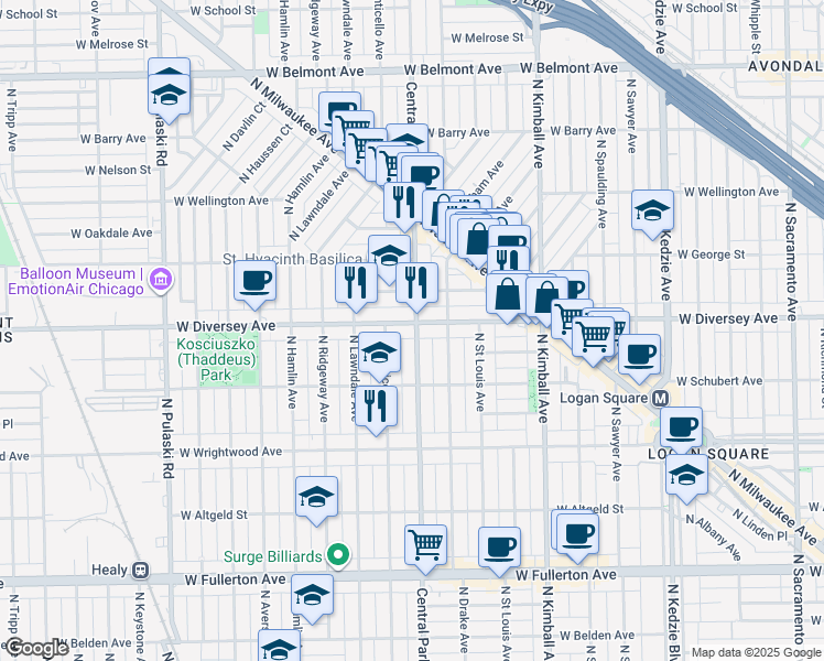 map of restaurants, bars, coffee shops, grocery stores, and more near 2729 North Central Park Avenue in Chicago