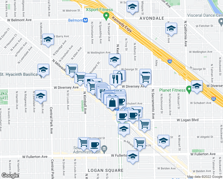 map of restaurants, bars, coffee shops, grocery stores, and more near 3215 West Diversey Avenue in Chicago