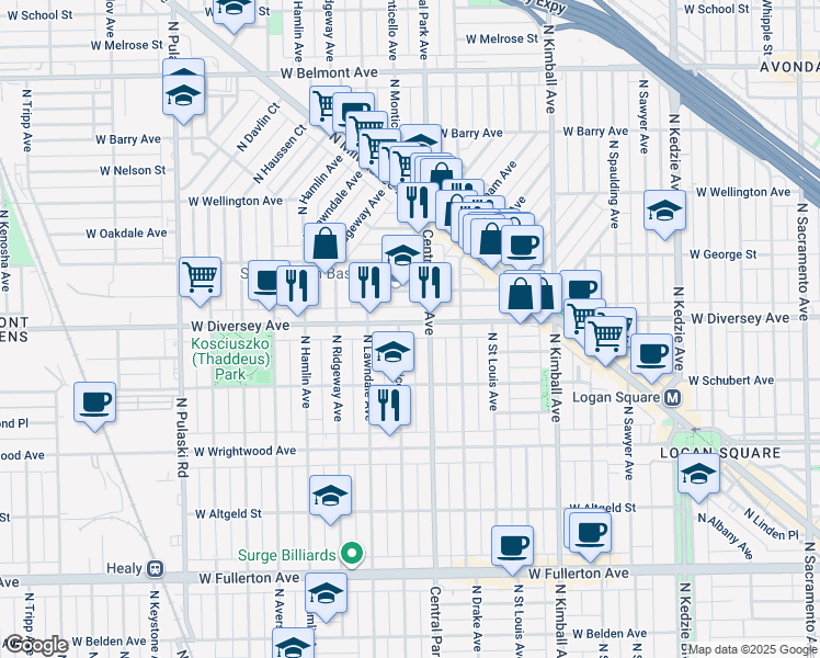 map of restaurants, bars, coffee shops, grocery stores, and more near 3617 West Diversey Avenue in Chicago