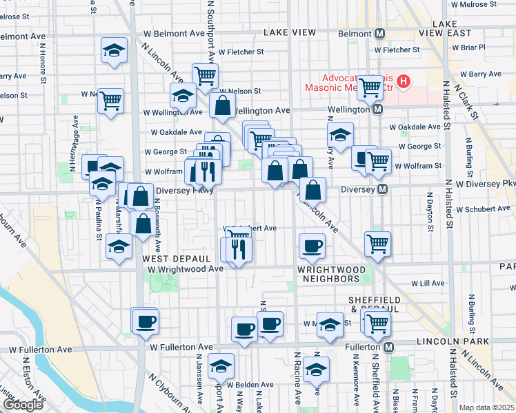 map of restaurants, bars, coffee shops, grocery stores, and more near 1304 West Schubert Avenue in Chicago