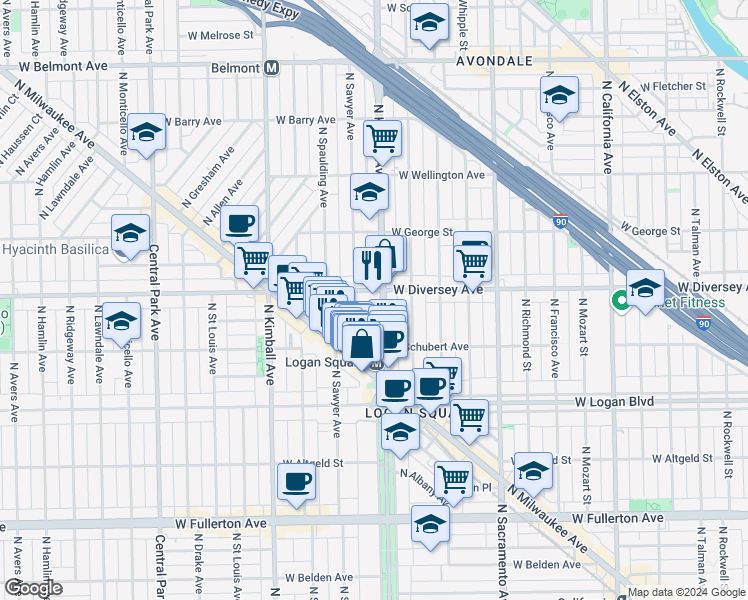 map of restaurants, bars, coffee shops, grocery stores, and more near 2629 North Emmett Street in Chicago