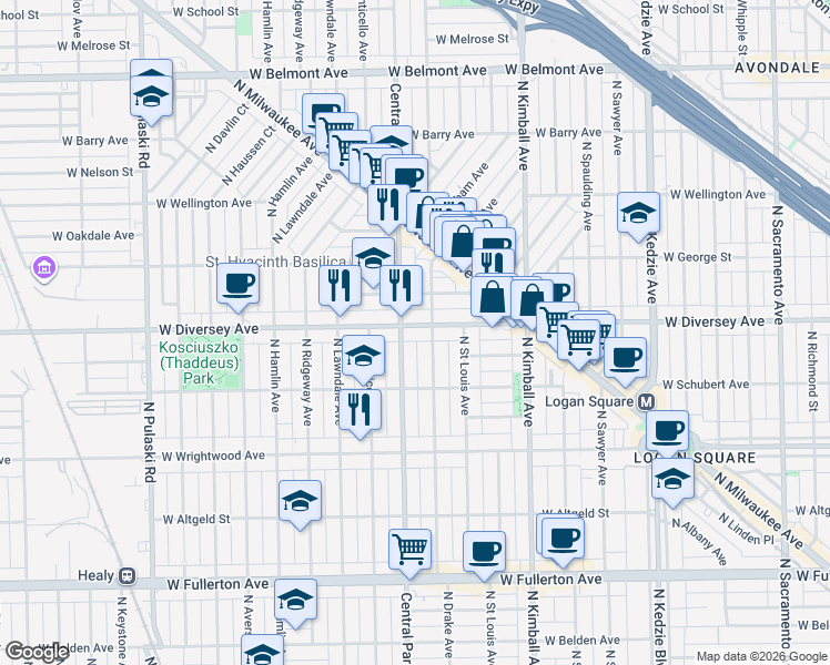 map of restaurants, bars, coffee shops, grocery stores, and more near 2729 North Central Park Avenue in Chicago