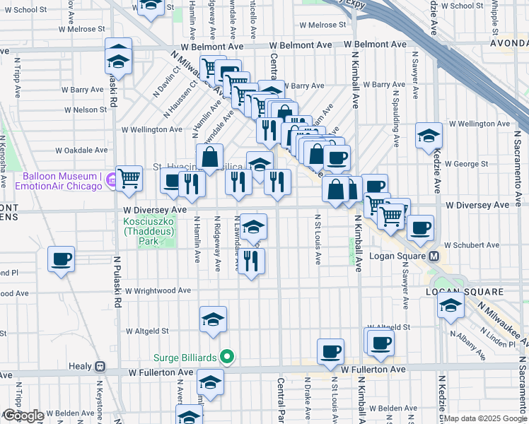 map of restaurants, bars, coffee shops, grocery stores, and more near 3617 West Diversey Avenue in Chicago