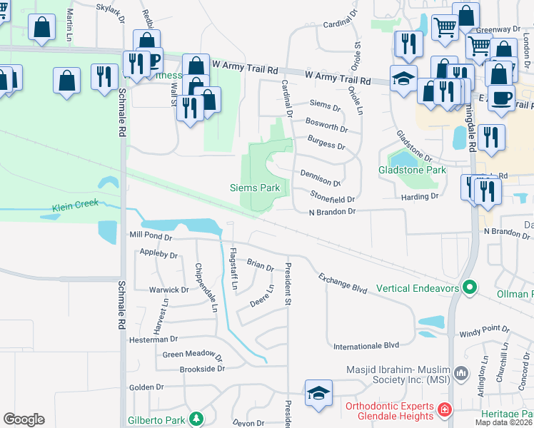 map of restaurants, bars, coffee shops, grocery stores, and more near 16 Hale Court in Glendale Heights