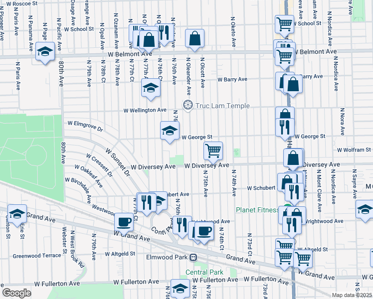 map of restaurants, bars, coffee shops, grocery stores, and more near 2828 North 75th Court in Elmwood Park