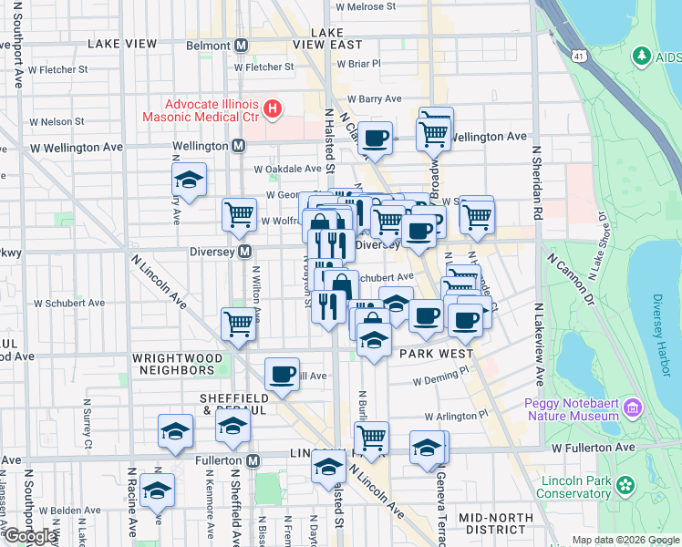 map of restaurants, bars, coffee shops, grocery stores, and more near 2668 North Burling Street in Chicago