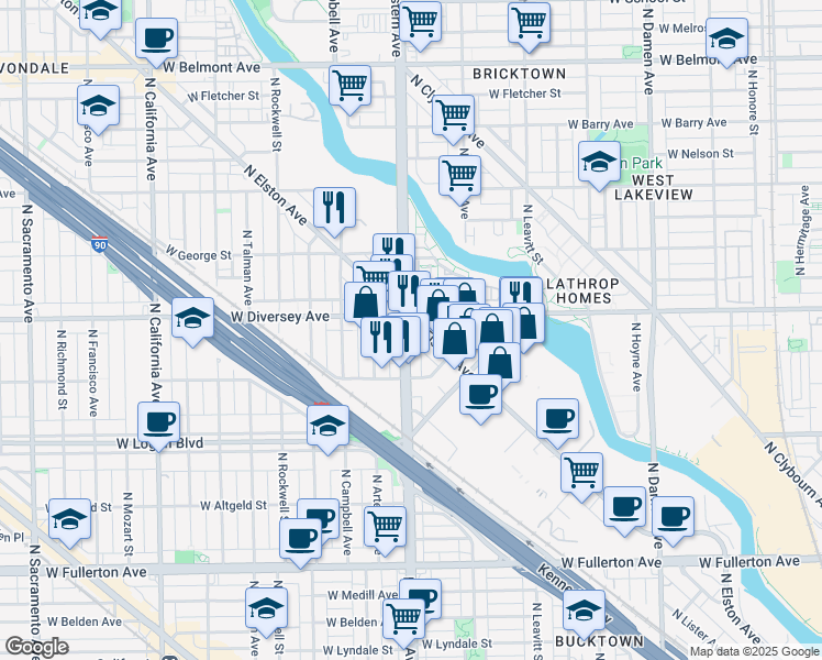 map of restaurants, bars, coffee shops, grocery stores, and more near 2336 West Diversey Avenue in Chicago