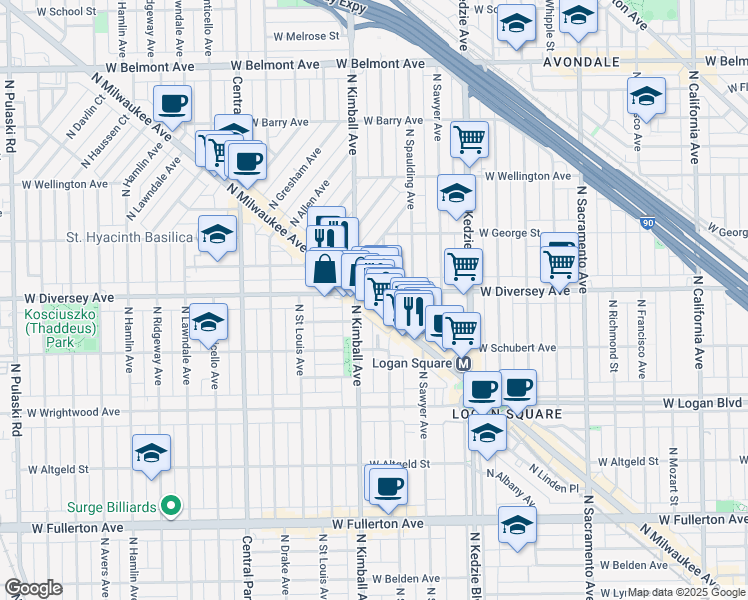 map of restaurants, bars, coffee shops, grocery stores, and more near 2781 North Milwaukee Avenue in Chicago