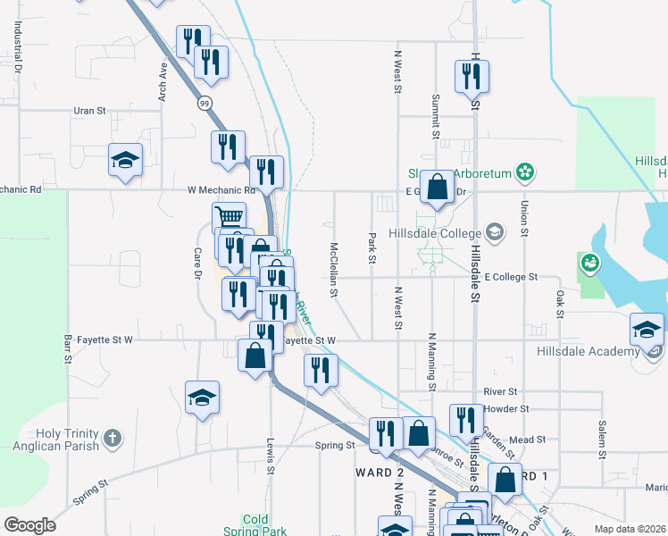 map of restaurants, bars, coffee shops, grocery stores, and more near McClellan Street in Hillsdale