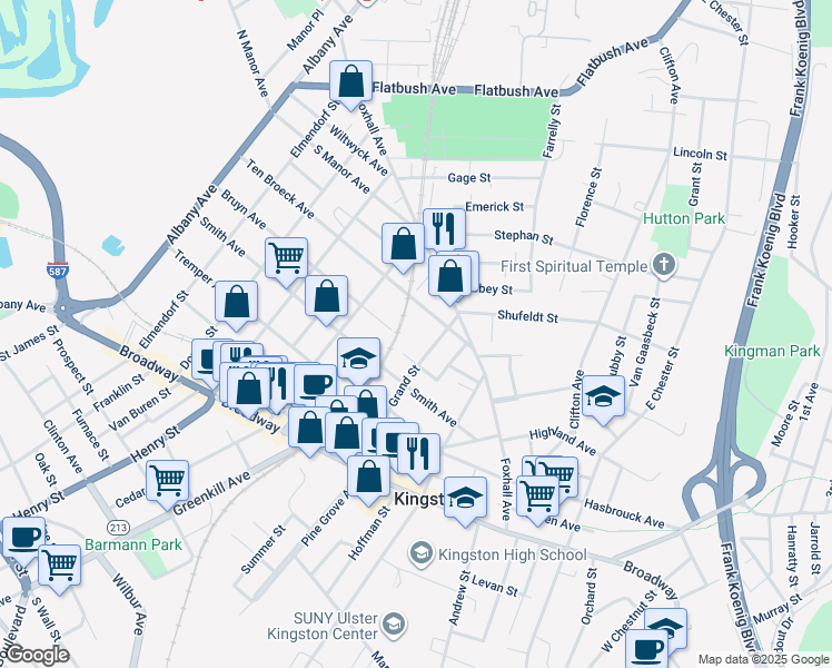 map of restaurants, bars, coffee shops, grocery stores, and more near 85 Grand Street in Kingston