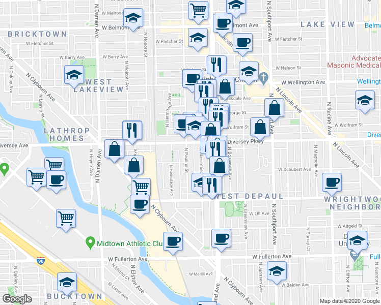 map of restaurants, bars, coffee shops, grocery stores, and more near 1651 West Diversey Parkway in Chicago