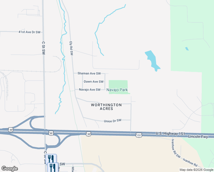 map of restaurants, bars, coffee shops, grocery stores, and more near 4615 Indian Ridge Stree Southwest in Cedar Rapids