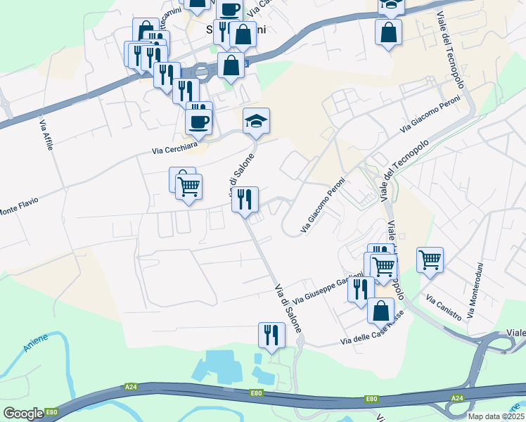 map of restaurants, bars, coffee shops, grocery stores, and more near 143 Via Leofreni in Roma