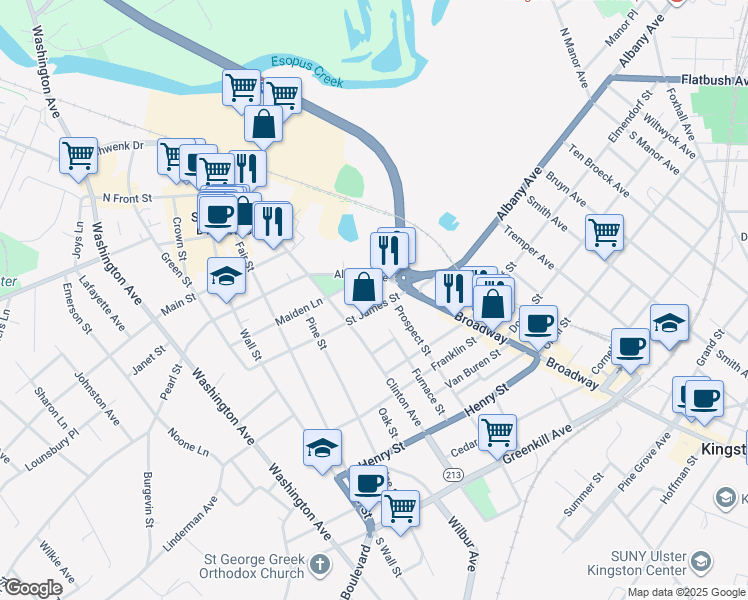 map of restaurants, bars, coffee shops, grocery stores, and more near 895 Albany Avenue in Kingston