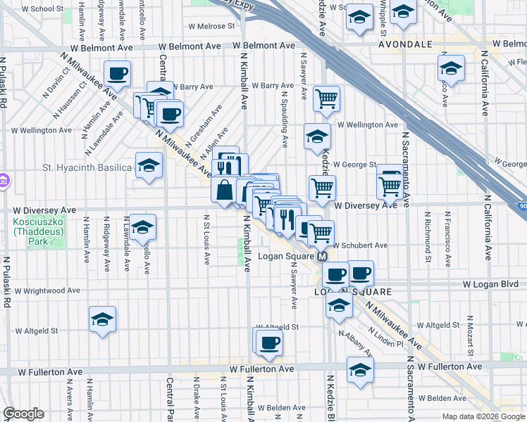 map of restaurants, bars, coffee shops, grocery stores, and more near 2817 North Christiana Avenue in Chicago