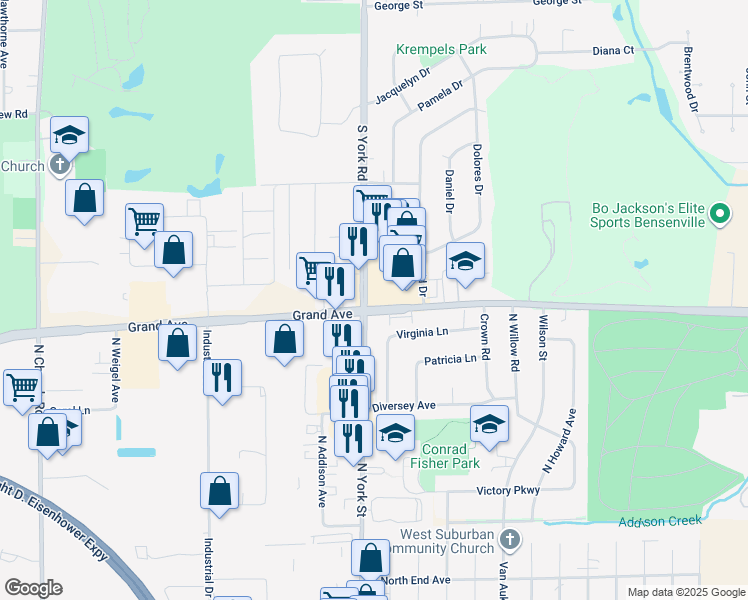 map of restaurants, bars, coffee shops, grocery stores, and more near 1151 South York Road in Bensenville
