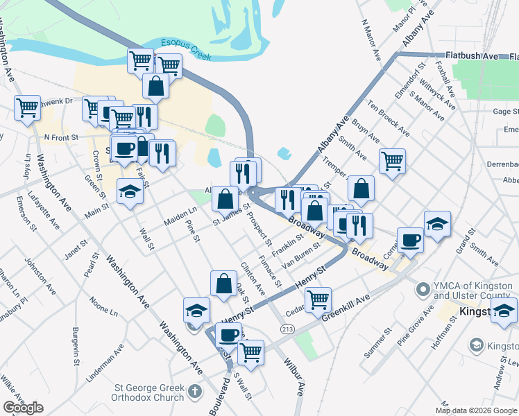 map of restaurants, bars, coffee shops, grocery stores, and more near 775 Broadway in Kingston