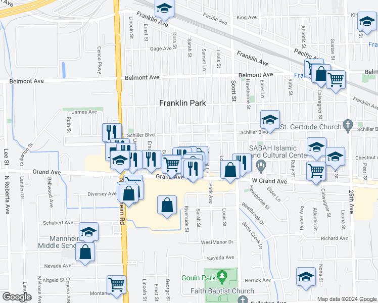 map of restaurants, bars, coffee shops, grocery stores, and more near 10131 Schiller Boulevard in Franklin Park