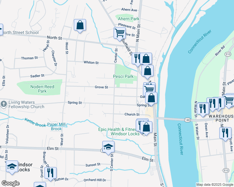 map of restaurants, bars, coffee shops, grocery stores, and more near 88 Center Street in Windsor Locks