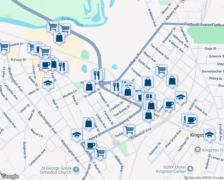 map of restaurants, bars, coffee shops, grocery stores, and more near 38 Albany Avenue in Kingston