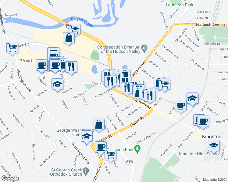 map of restaurants, bars, coffee shops, grocery stores, and more near 791 Broadway in Kingston