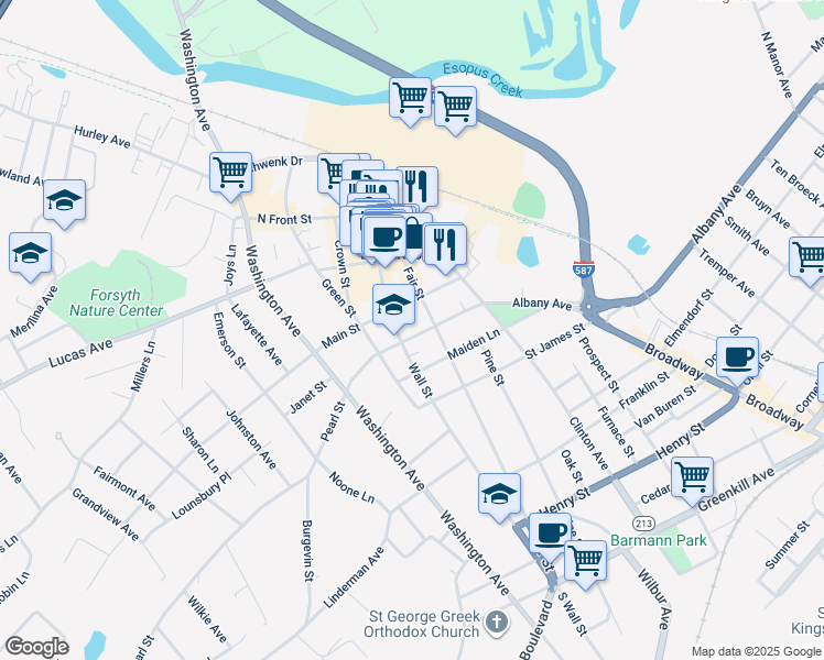map of restaurants, bars, coffee shops, grocery stores, and more near 236 Wall Street in Kingston