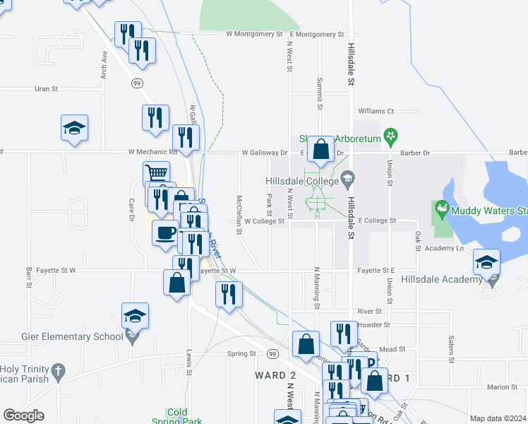 map of restaurants, bars, coffee shops, grocery stores, and more near 55 McClellan Street in Hillsdale
