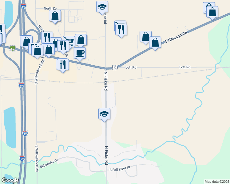 map of restaurants, bars, coffee shops, grocery stores, and more near 346 Penn Drive in Coldwater