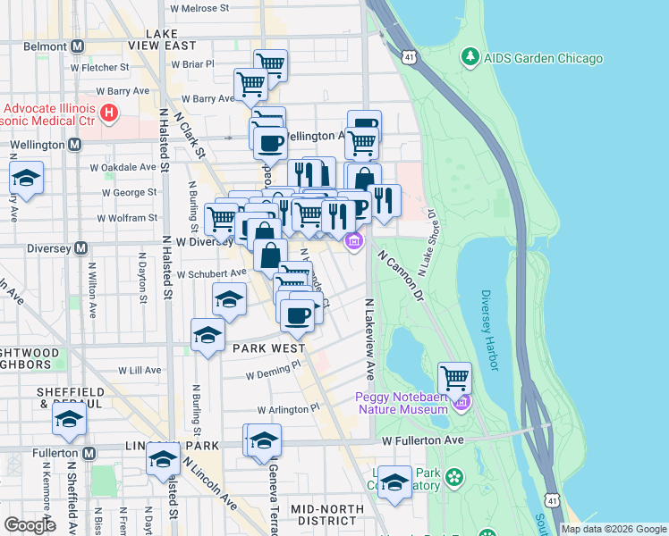 map of restaurants, bars, coffee shops, grocery stores, and more near 427 West Diversey Parkway in Chicago