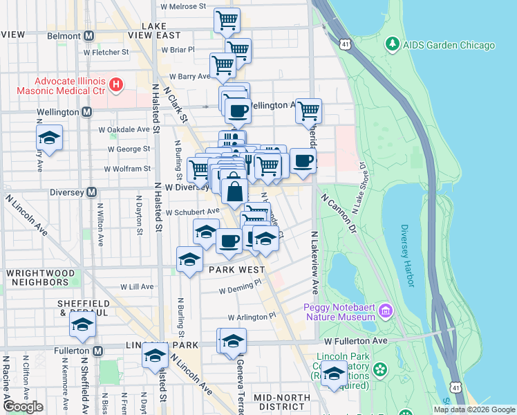 map of restaurants, bars, coffee shops, grocery stores, and more near 2727 North Lehmann Court in Chicago