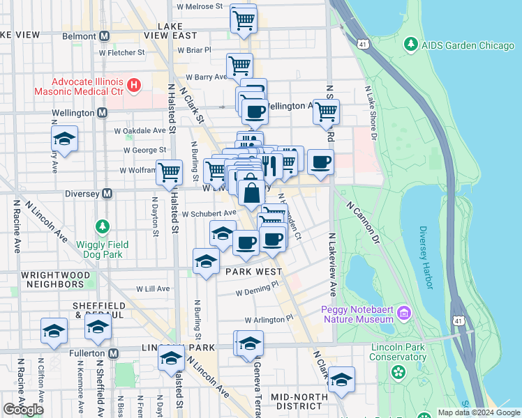 map of restaurants, bars, coffee shops, grocery stores, and more near 2727 North Lehmann Court in Chicago