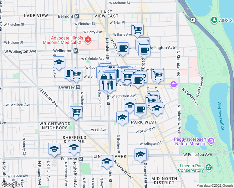 map of restaurants, bars, coffee shops, grocery stores, and more near in Chicago