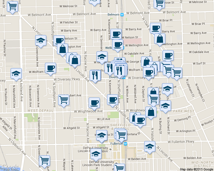 map of restaurants, bars, coffee shops, grocery stores, and more near 1055 West Diversey Parkway in Chicago