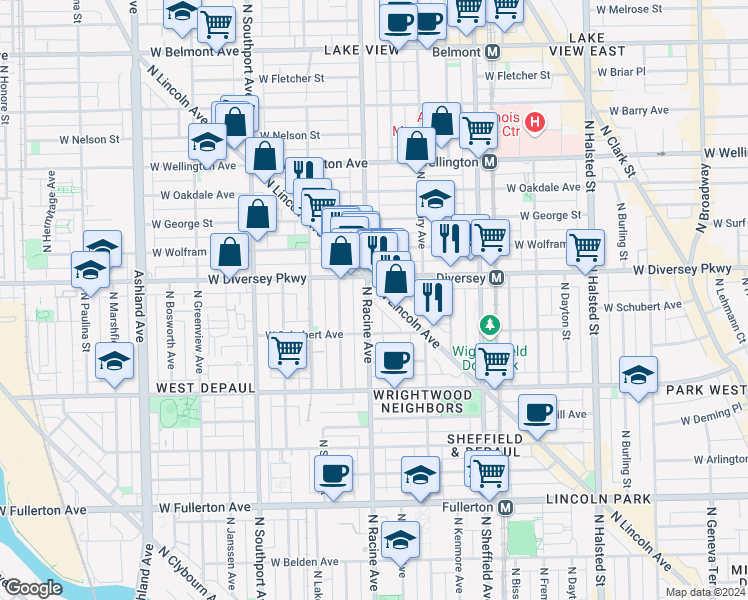 map of restaurants, bars, coffee shops, grocery stores, and more near 2815 North Lincoln Avenue in Chicago