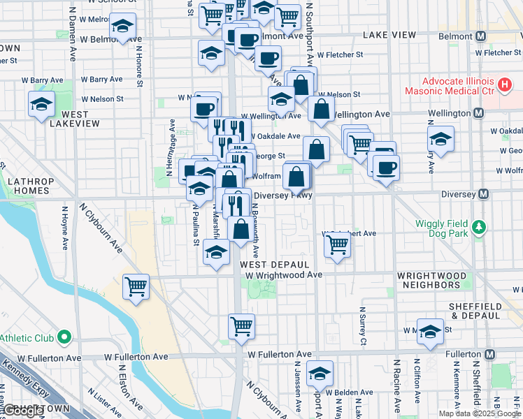 map of restaurants, bars, coffee shops, grocery stores, and more near 1534 West Diversey Parkway in Chicago