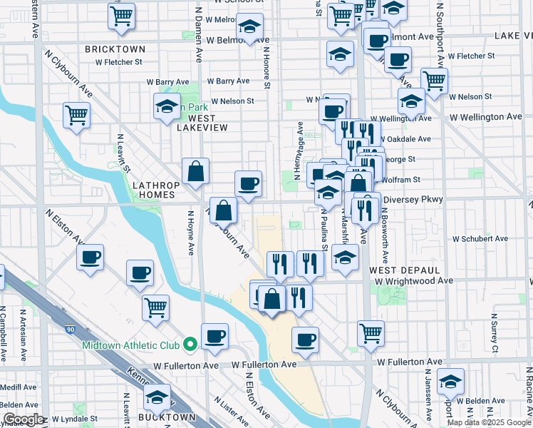 map of restaurants, bars, coffee shops, grocery stores, and more near 1840 West Diversey Parkway in Chicago