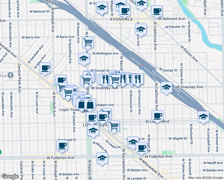 map of restaurants, bars, coffee shops, grocery stores, and more near 2815 North Whipple Street in Chicago