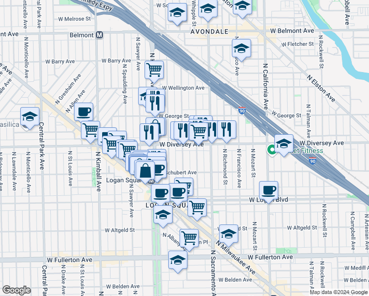 map of restaurants, bars, coffee shops, grocery stores, and more near 2816 North Albany Avenue in Chicago