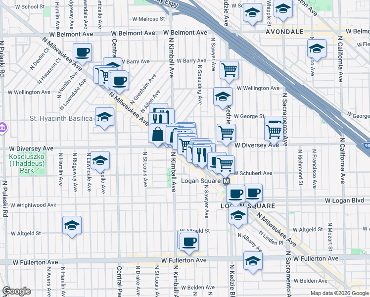 map of restaurants, bars, coffee shops, grocery stores, and more near 2817 North Christiana Avenue in Chicago