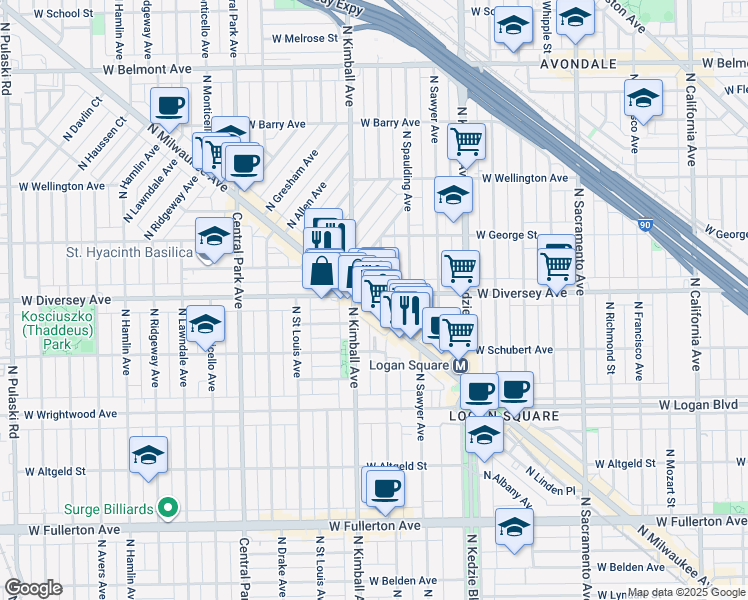 map of restaurants, bars, coffee shops, grocery stores, and more near 2817 North Christiana Avenue in Chicago