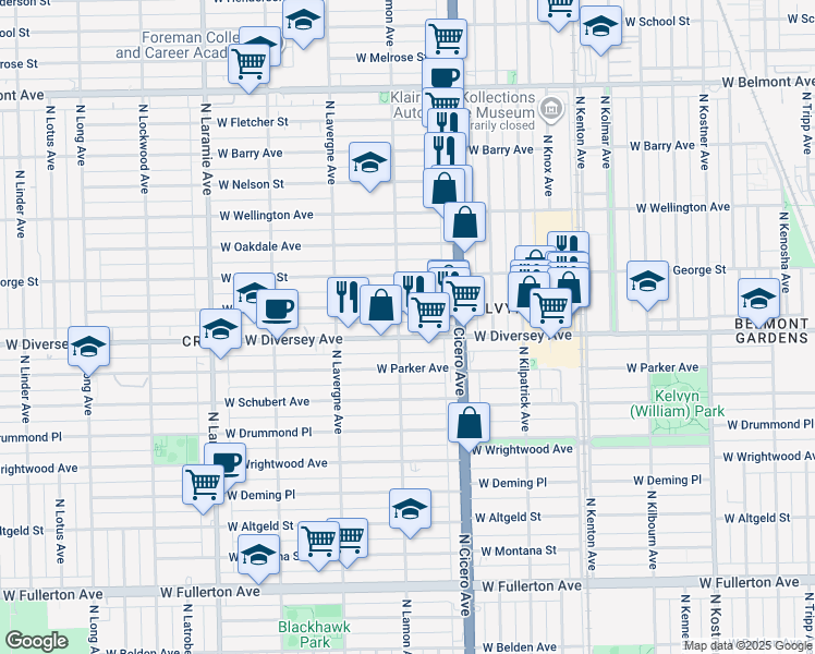 map of restaurants, bars, coffee shops, grocery stores, and more near 4844 West Wolfram Street in Chicago