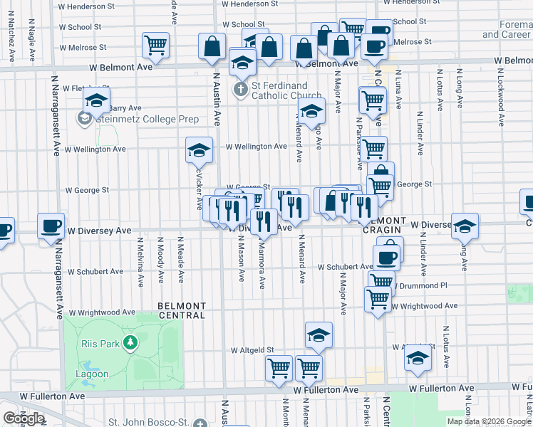 map of restaurants, bars, coffee shops, grocery stores, and more near 2846 North Monitor Avenue in Chicago