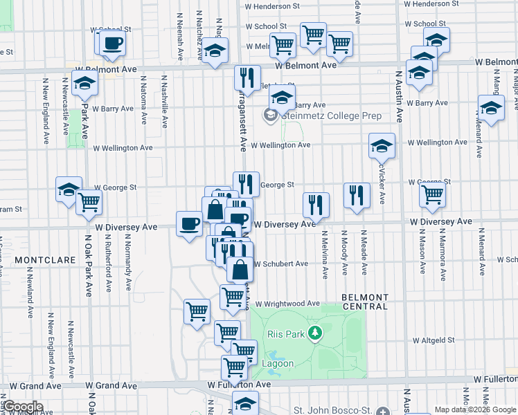 map of restaurants, bars, coffee shops, grocery stores, and more near 2851 North Mulligan Avenue in Chicago