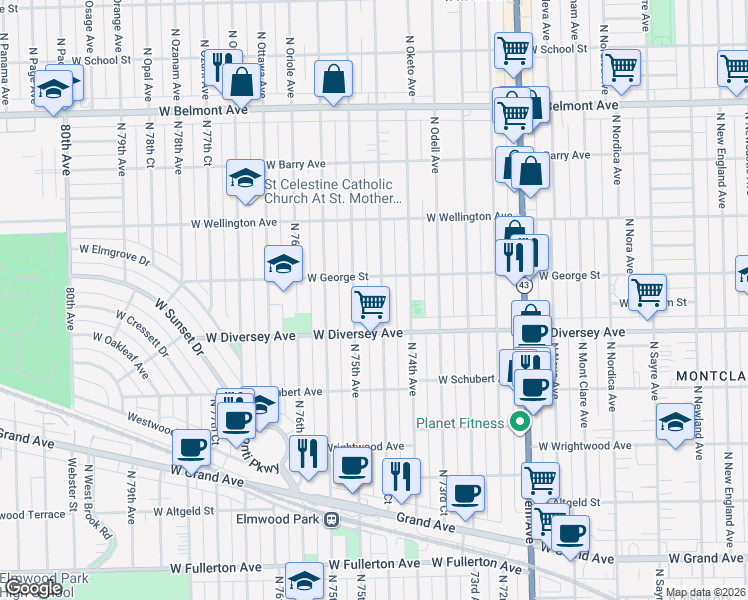 map of restaurants, bars, coffee shops, grocery stores, and more near 2846 North 74th Court in Chicago