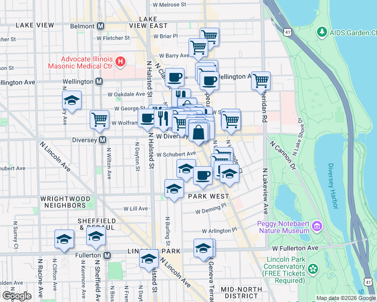 map of restaurants, bars, coffee shops, grocery stores, and more near 630 West Schubert Avenue in Chicago